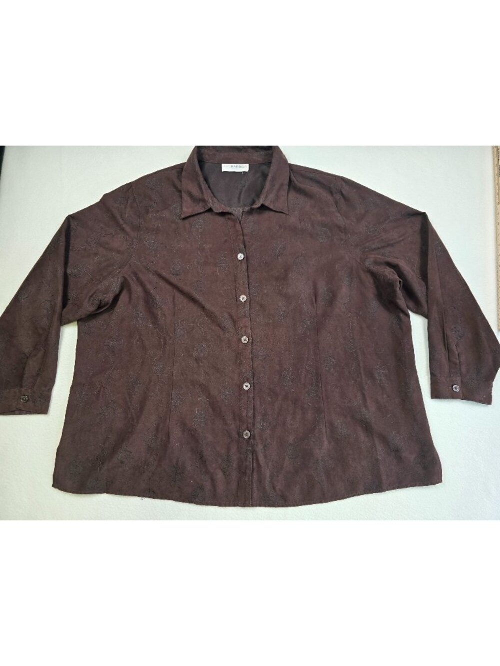Sag Harbor Womens 3X Brown Microsuede Floral Embroidered Button-Up Blouse